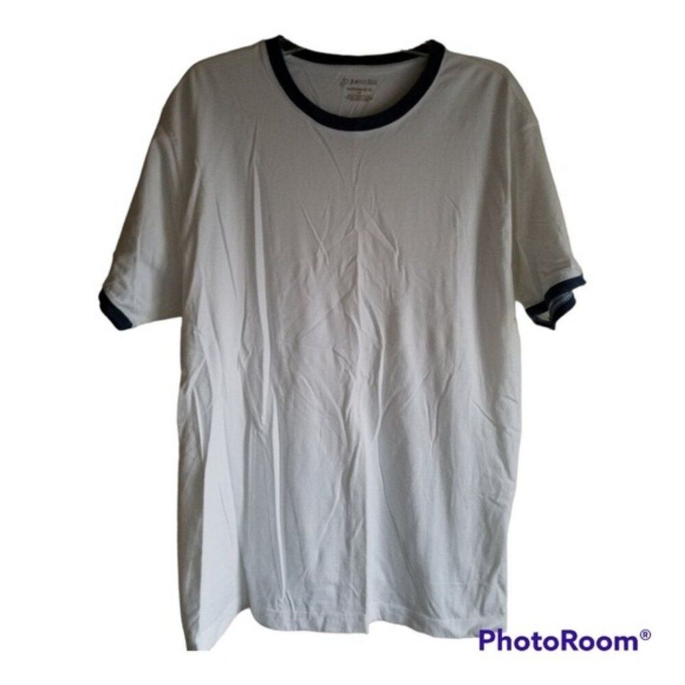 St. John's Bay White Crew Neck Shirt with Blue Ribbed Bands on Arm & Neck Size L